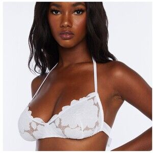 Savage X Fenty Lace Bralette Womens S White Halter Tie Back Floral Glow Sexy